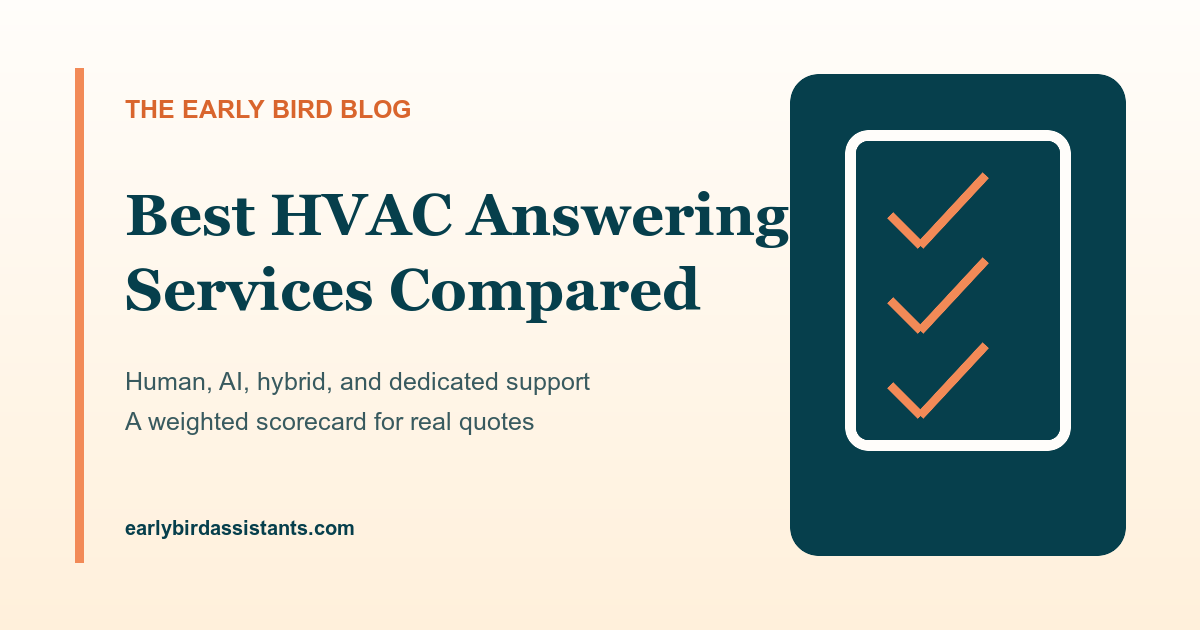 HVAC answering service comparison board with phone, snowflake, sun, and scored checklist