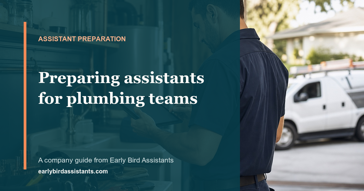 Plumbing technician using a tablet beside a title about preparing Early Bird assistants for plumbing teams