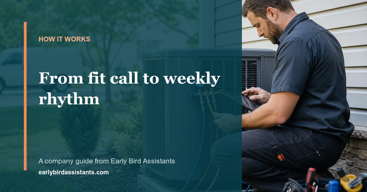HVAC technician working beside an Early Bird Assistants process guide