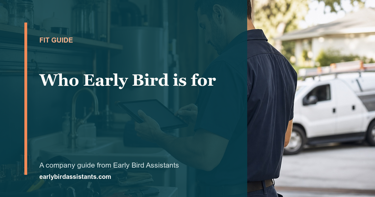 Plumbing technician reviewing a tablet beside an Early Bird Assistants fit guide