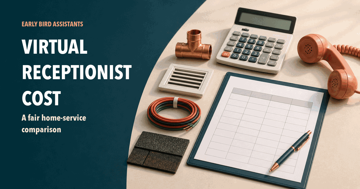 Calculator, phone, blank cost worksheet, and home-service trade materials beside the headline Virtual Receptionist Cost