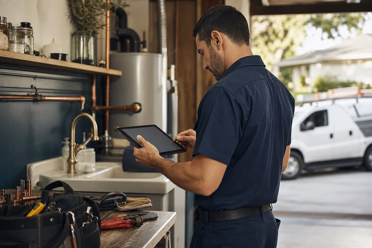 Plumbing professional reviewing job information on a tablet