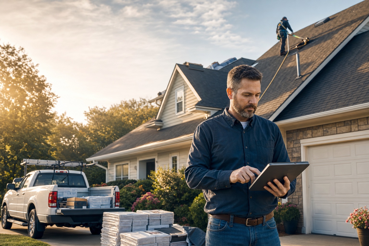 A roofing project manager reviewing a residential job on a tablet while a secured crew member works above